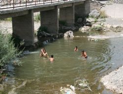 Çocuklar Kale Çayı'nda serinliyor